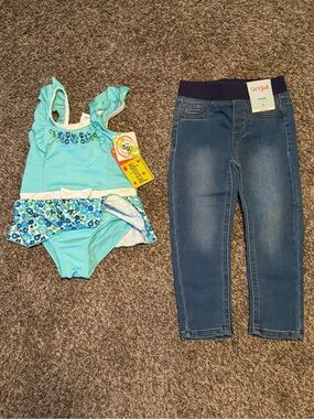 NWT-Girls Aqua Ruffle One-Piece Swimsuit with Floral Skirt 3T and 3T Jeggings
